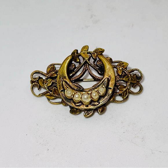 Antique Victorian Edwardian Gold Crescent Moon With Seed Pearls Brooch - Picture 8 of 15